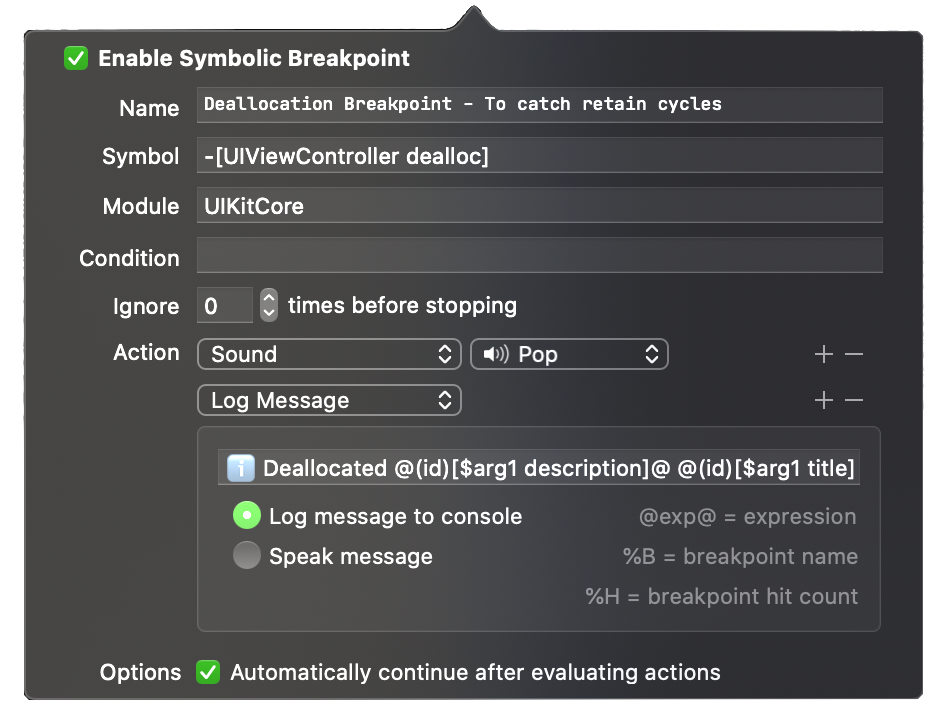 Describes how to set up a symbolic breakpoint to catch UIViewController retain cycles by playing a sound and logging a message when they are deallocated.